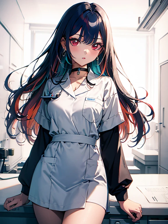 nurse, The background is the operating room, Kitagawa Marine, One girl, bionde, Long Hair, Multicolored Hair, Red eyes, jewelry, Earrings, Earrings, Black choker, 超High resolution, retina, masterpiece, Accurate, Anatomically correct, Textured skin, Super Detail, Attention to detail, high quality, 最high quality, High resolution, 4K