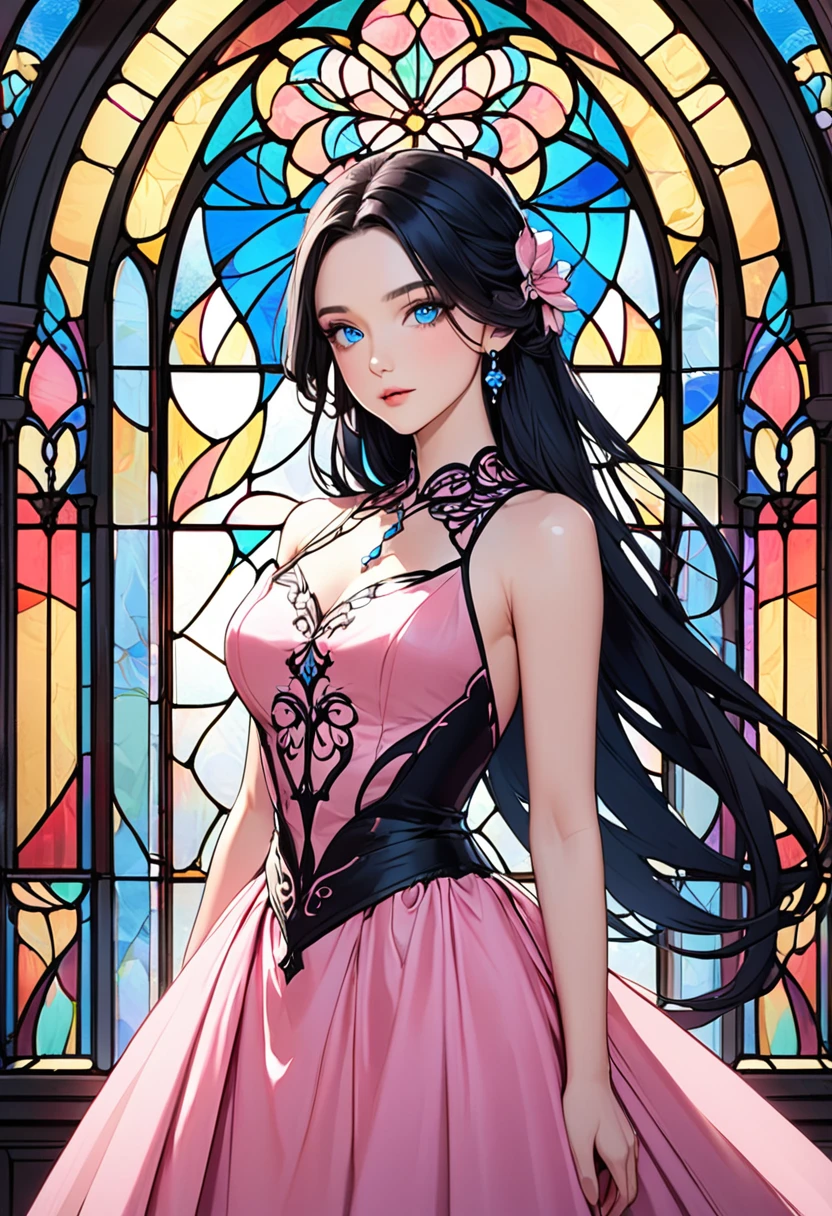 Beautiful woman with long black hair and blue eyes, fair skin and Wearing an elegant pink dress, stained glass window