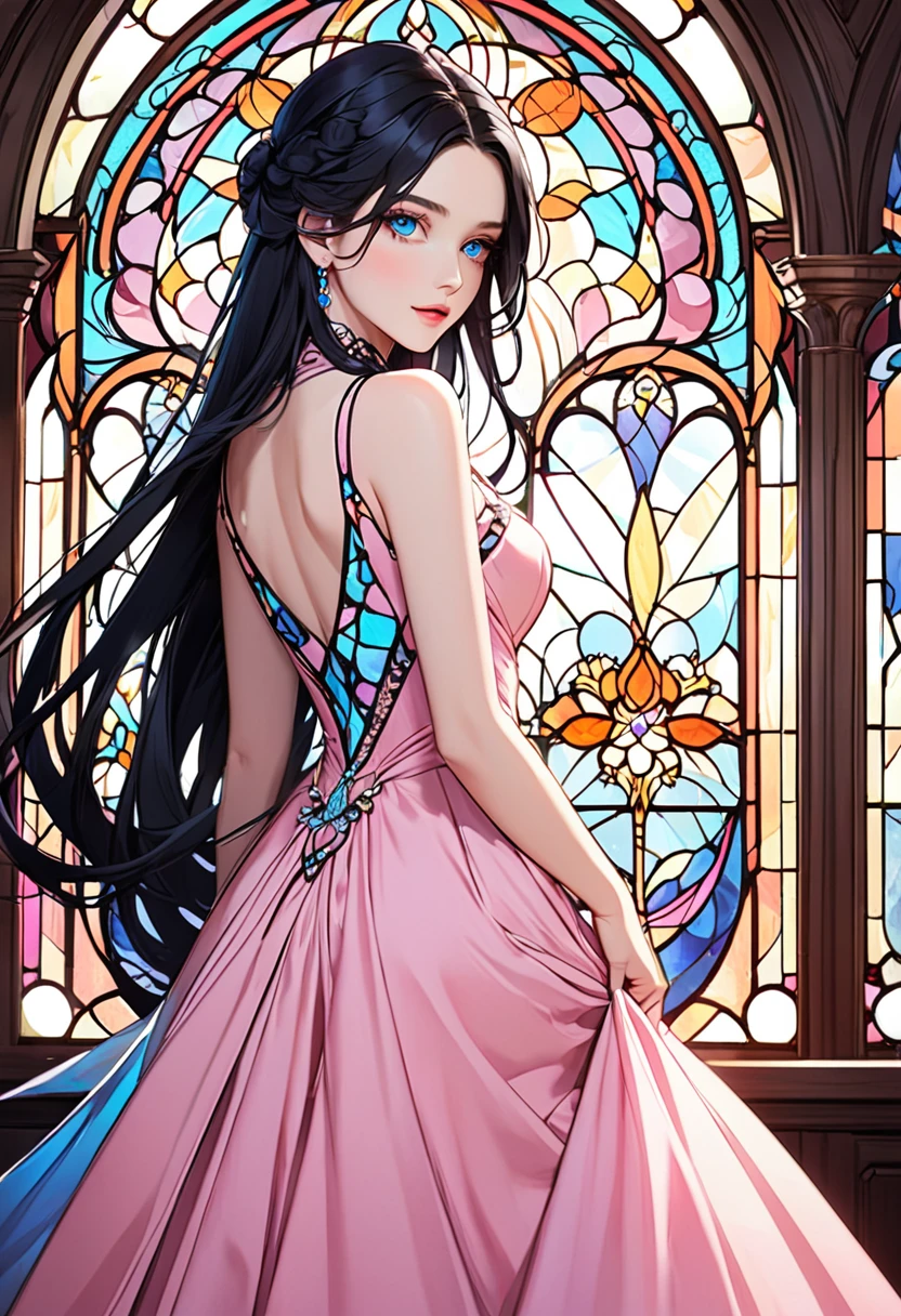 Beautiful woman with long black hair and blue eyes, fair skin and Wearing an elegant pink dress, stained glass window