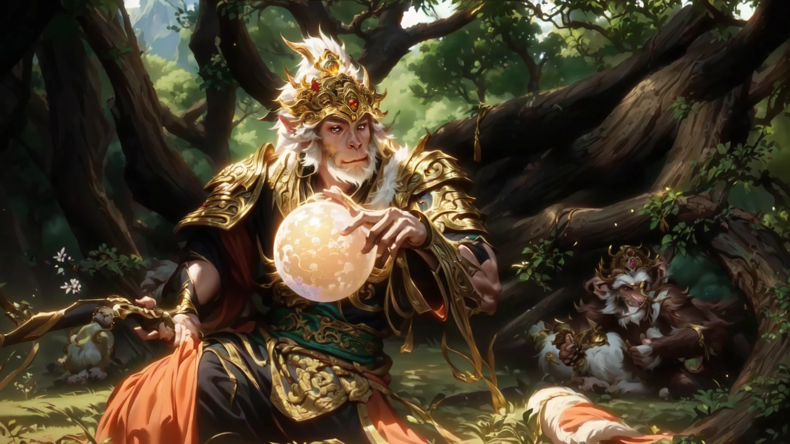 A monkey is drinking under a tree,Sun Wukong, sun wukong, Fantasy movie stills, wukong, Live-action movie scenes, sha xi, Fantasy movie stills, From Warcraft, Humanoid monkey fantasy race, Journey to the West, still from live action movie, bubble visual effects, screenshot
