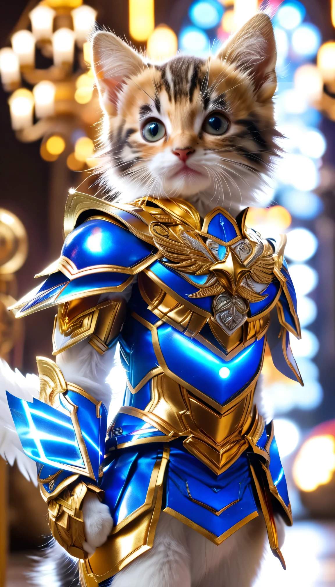 (8k)), highest quality, 超High resolution, (High resolution), Short legged kitten, ((Saint Seiya Costumes)), Spectacular sight,((Chuckle-Smile))