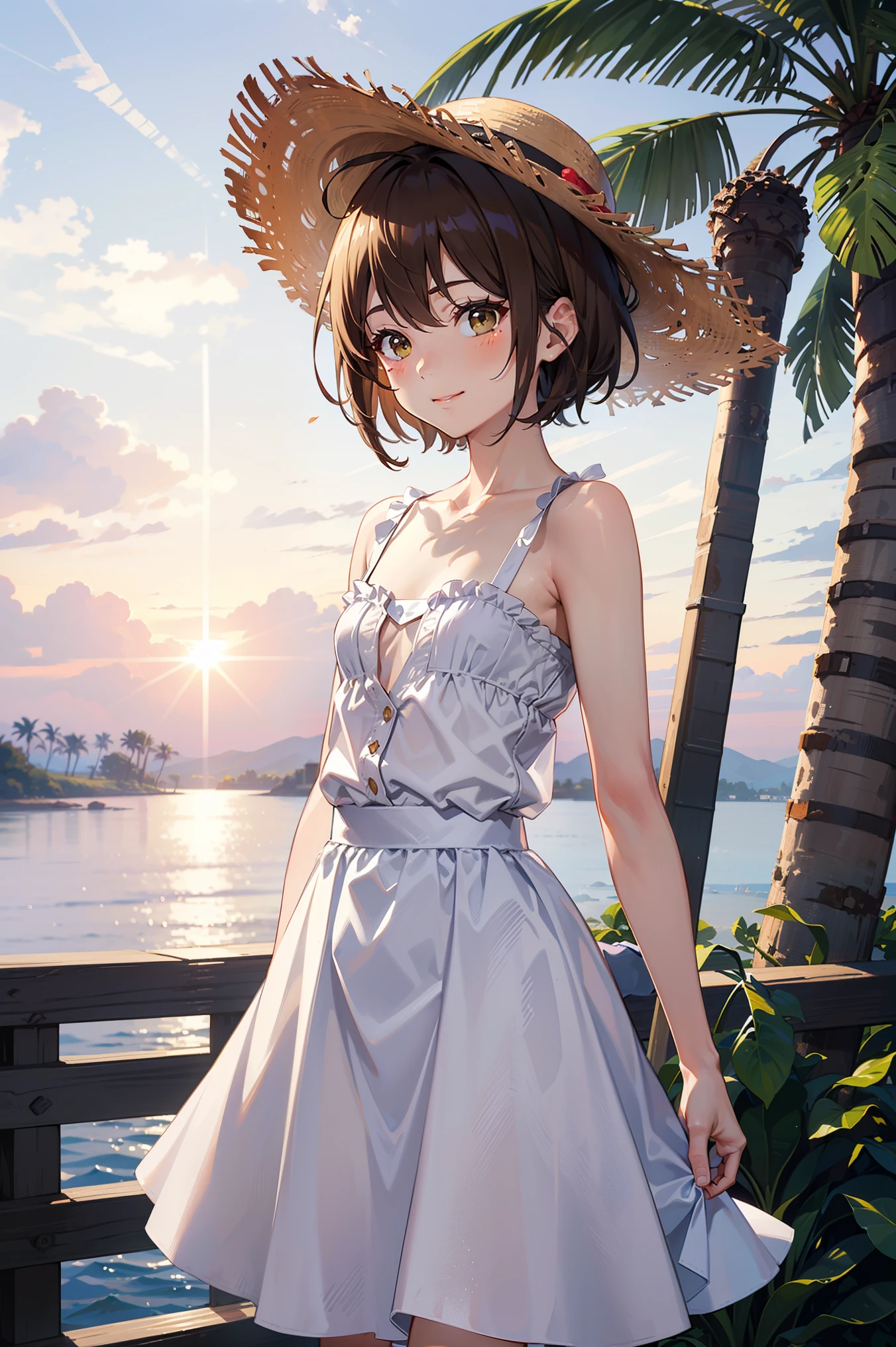 Liliru Card, Liliruca gets burned, , (Brown eyes:1.7), Brown Hair, (Flat Chest:1.2), smile,blush,Straw hat short hair,White Sleeveless Dress,Long skirt,Heeled Sandals,walk,sunset,evening,The sun goes down,whole bodyがイラストに入るように,
break looking at viewer,whole body, (Cowboy Shot:1. 5)
break outdoors, construction area,Palm tree,tropical,
break (masterpiece:1.2), Highest quality, High resolution, unity 8k wallpaper, (shape:0.8), (Beautiful attention to detail:1.6), Highly detailed face, Perfect lighting, Extremely detailed CG, (Perfect hands, Perfect Anatomy),