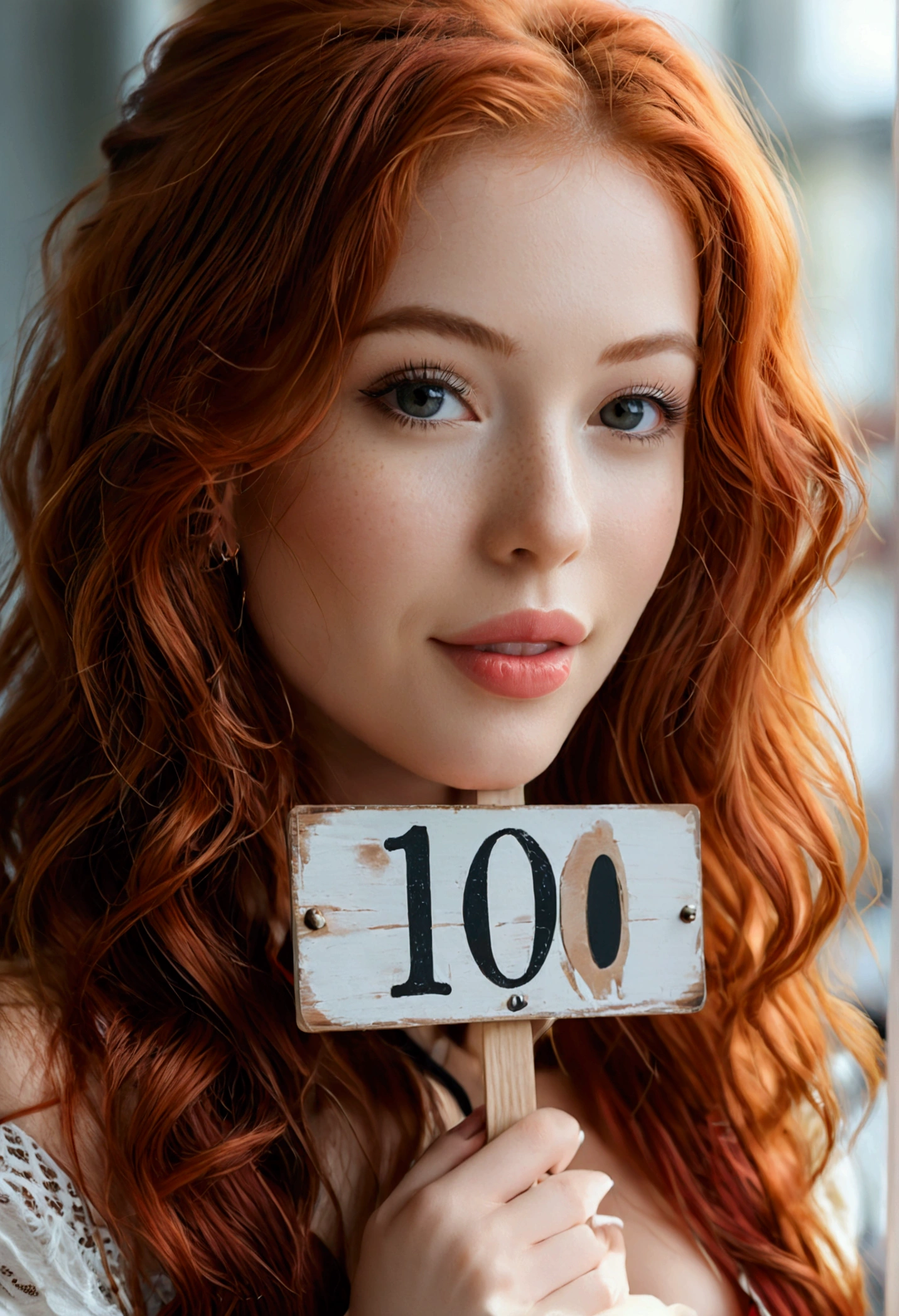 ultra realistic, photography, long red hair, girl, 24 years old, hourglass figure, perfect body, Flirty look, natural breasts, blur background, holding up a sign with "100" with a heart next to it written on it, pouting lips, long eyelashes, smile