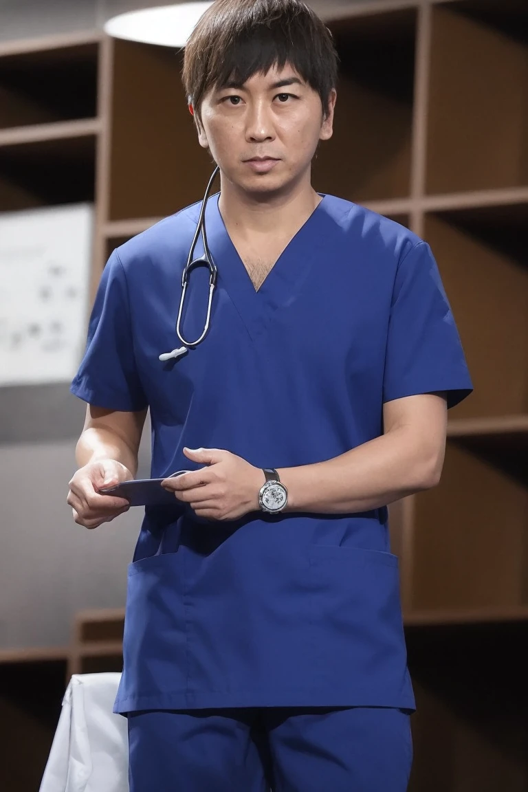 male, alone, short hair, (male性看護師), Short sleeve, (Medical scrub), Blues Club, Stylish scrubs, blue outfit, Nameplate, Stethoscope, (hospital), Professional Attitude, Smart Watches,