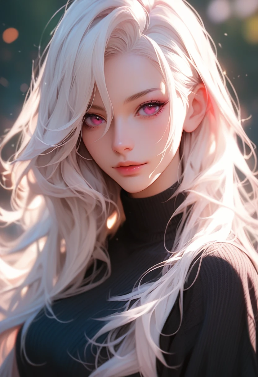 white hair, dark pink eyes, spot under the right eye, long hair, black clothes