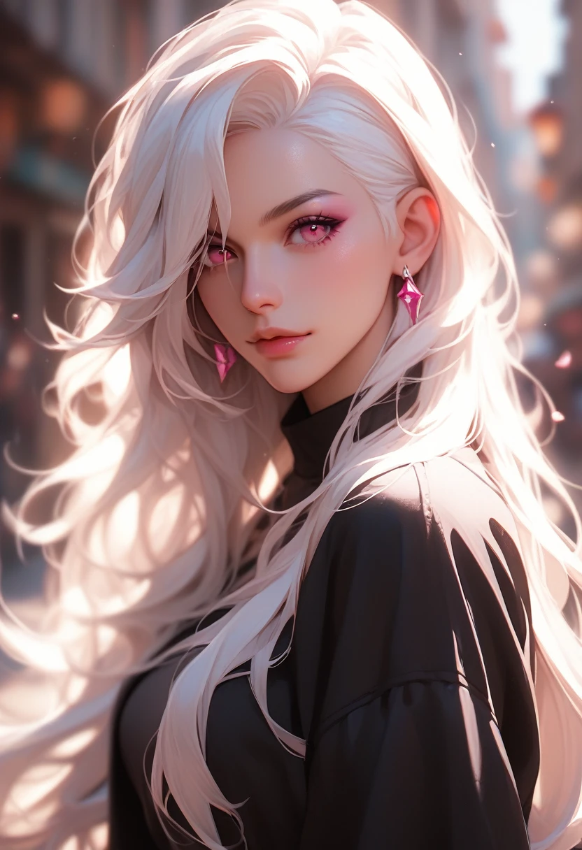 white hair, dark pink eyes, spot under the right eye, long hair, black clothes