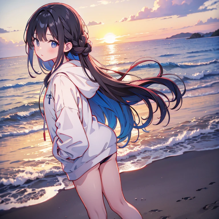 Sun setting into the sea、Girl with black braided hair、White hoodie、Under the hoodie is a swimsuit、A girl stands on the beach and watches the sunset