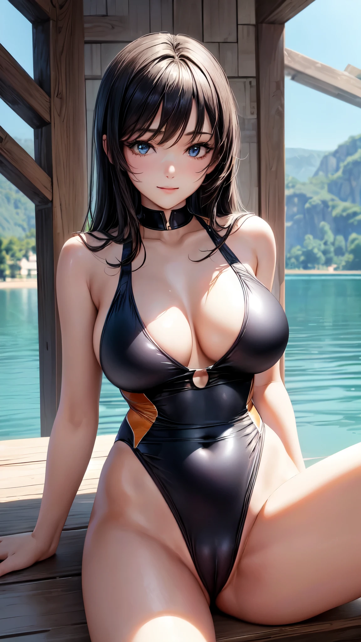(4K,masterpiece,best quality,ultra detailed,high resolution),(from front,front light,daylight),(solo),(beautiful woman),age,(black hair),(beautiful detailed face,beautiful detailed eyes),(finely detailed skin,fair skin),light smile,(one-piece competition swimsuit),(on the beautiful lake),(medium hip,big breast),sitting,spread legs,legs out of frame,(camel toe),