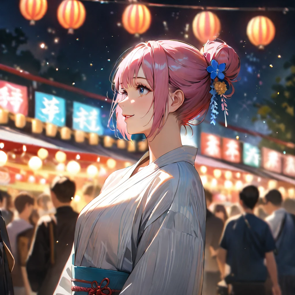 Young woman enjoying the summer festival,pink hair bun,Japanese-style hair ornament,night, Fireworks are going off,White yukata,Gazing at the sky,Blur the background,high school girl,smile,Glitter effect,Highest quality, 8k, High resolution, masterpiece:1.2, Very detailed, Realistic:1.37, High resolution, 超High resolution, Ultra-fine painting, Very detailed, Professional, Vibrant colors