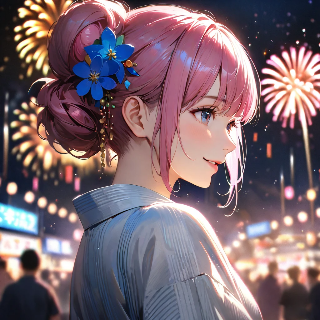 Young woman enjoying the summer festival,pink hair bun,Japanese-style hair ornament,night, Fireworks are going off,White yukata,Gazing at the sky,Blur the background,high school girl,smile,Glitter effect,Highest quality, 8k, High resolution, masterpiece:1.2, Very detailed, Realistic:1.37, High resolution, 超High resolution, Ultra-fine painting, Very detailed, Professional, Vibrant colors
