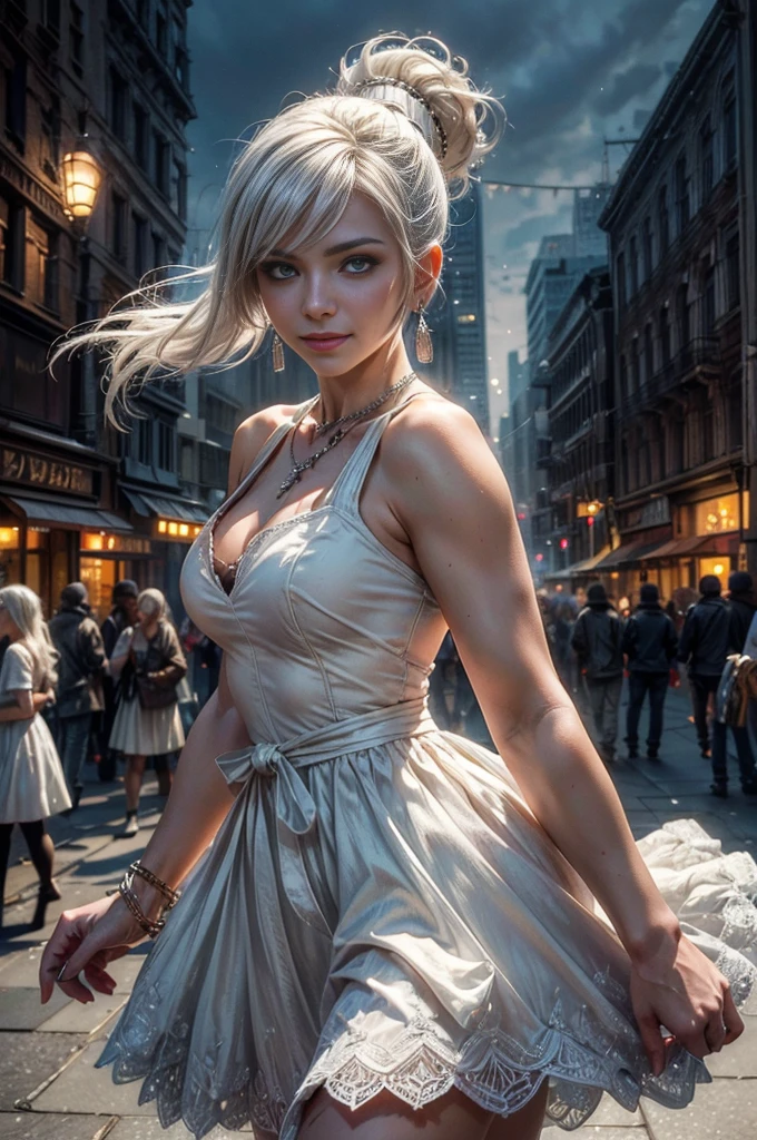 (masterpiece, best quality:1.2), cowboy shot, dynamic pose, weissvale, smile, closed mouth, looking at viewer, white dress, long white hair, side ponytail, scar above eye, scar below eye, jewelry, necklace, earrings, in city street (future_urban, crowd, (volumetric lighting), intricate details, tonemapping, sharp focus, hyper detailed 