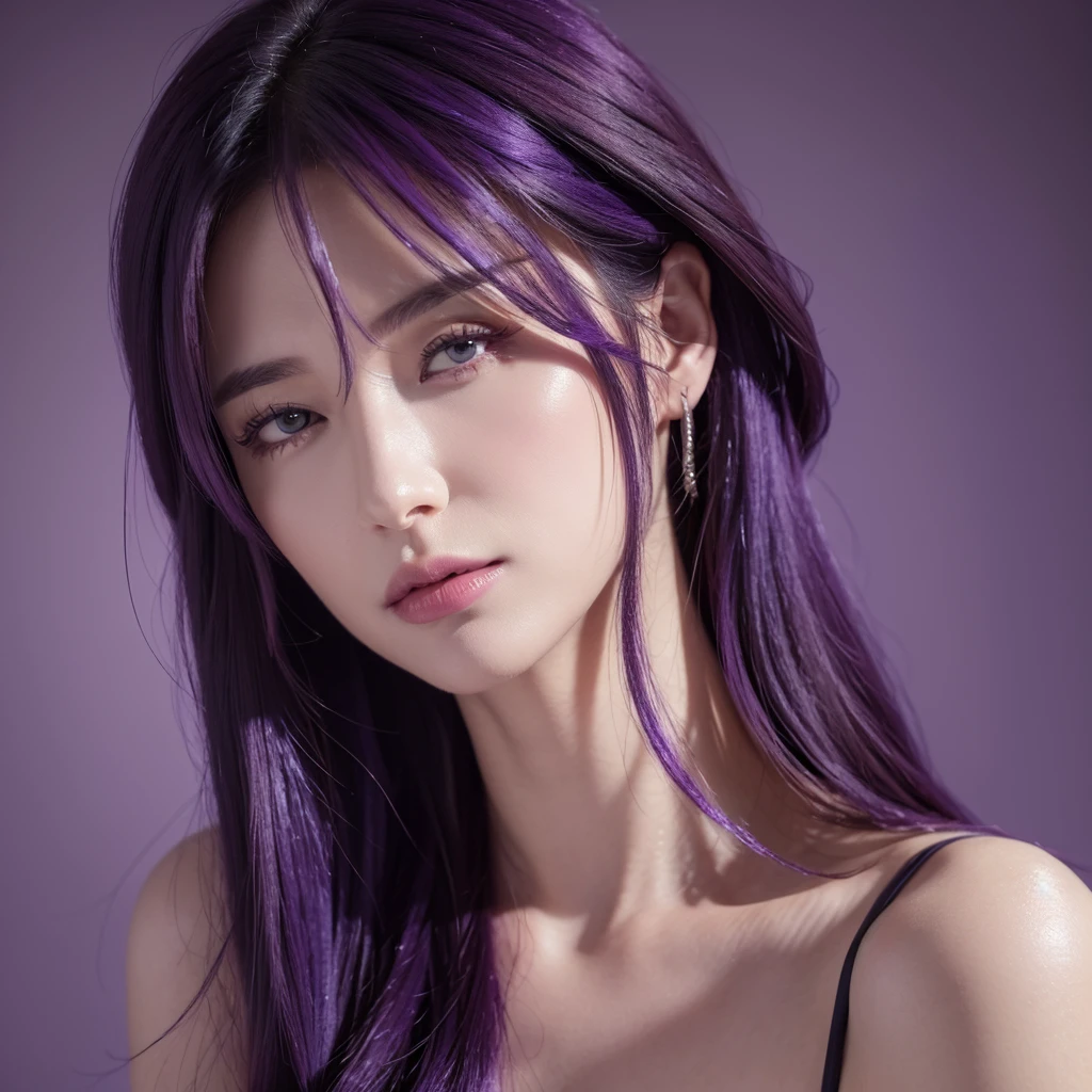Raiden yelled., purple hair, purple eyes, Young woman wearing trendy orange sunglasses , It has an orange background., Portrait, big breasts,