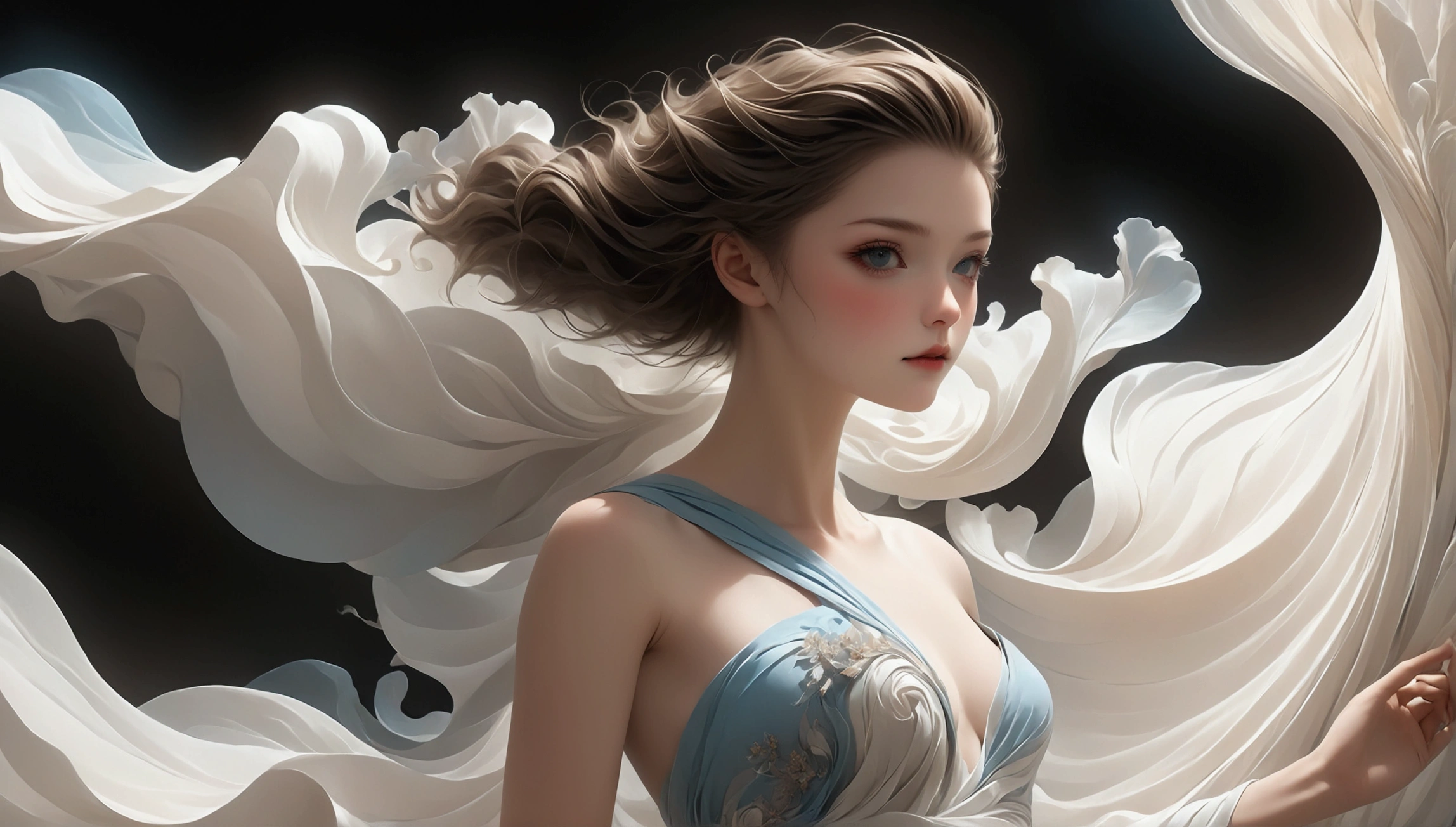 1 Girl,Petal skirt,The hem of the long skirt is like smoke,Petal pattern,Long hair in the wind,advanced sense,Fashion, Still photography, Loop video, Fascinating movement, captivating visuals, Seamless integration, Compelling storytelling, Vortex phenomenon, Angled form, Dynamic Movement, Bold Geometric Shapes, Fragment shape, sharp contrast, Influence of modernism, nature, , modern Art, Astonishing, Unreal Background, Art from (Alessio Albi:1.1), Soft lighting, happy emotion,(close up, Face Focus), (Fractal Art) Extremely detailed,The most beautiful form of chaos, elegant, Barbarian design, Vibrant colors, ,Details in the Dark,