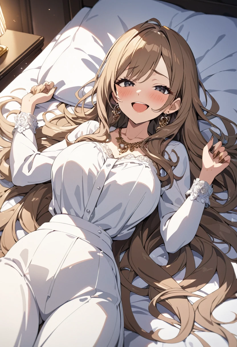 masterpiece, best quality, high quality, detailed, ultra detailed, hyper detailed, insanely detailed, exquisite, beautiful, FHD, Full-HD, 4K, 8K, highres, absurdres, woman, happy, laughing, lying on back, looking at viewer, very long hair, brown hair, black eyes, tall, glamorous, voluptuous, , gyaru, necklace, piercing, in the bedroom, with a bed, at midnight, cel anime, upper body, golden ratio, embarrassed