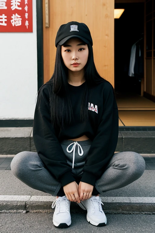 ((Best Quality)), ((masterpiece)), (detailed), 1 An Asian woman with slanted eyes with very long black hair [and soft typical asian ]. She is Chinese and Japanese and her face is very serious . His irises are dark purple . He wears black clothes , from a black cap on his head , a black sweatshirt on his torso , some sports pants and some black tennis shoes . stomach 1,90 in the background there is a street in Japan  