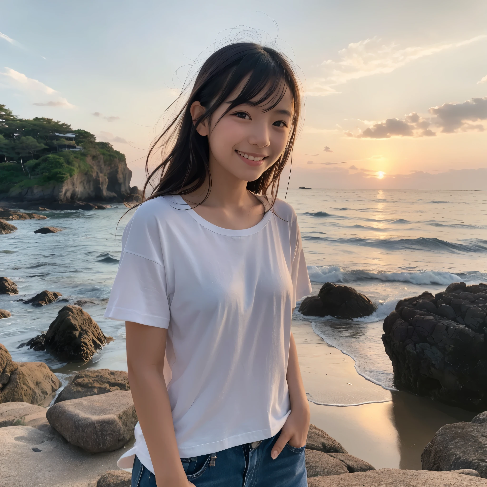 young Japanese girl portrait, small island beach, rugged rocky shore, beautiful rock scenery background, smiling, wearing a white t-shirt, modern casual fashion, summer evening sunset, cohesive colors
