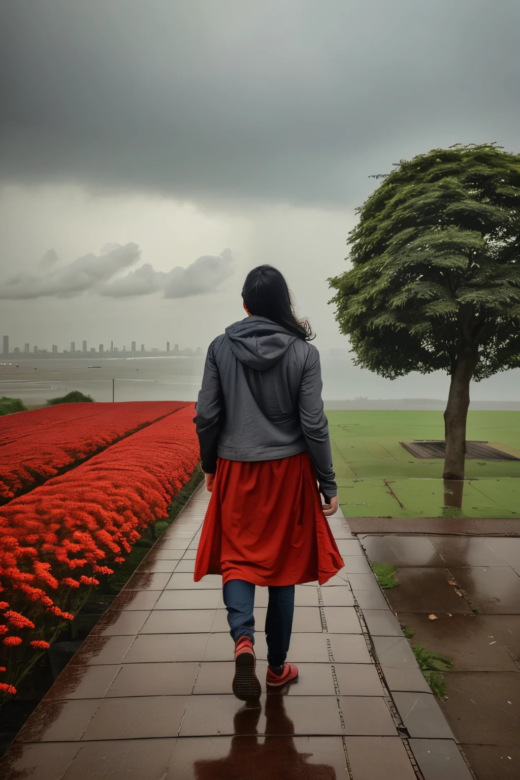The scene is set in a rainy season. In the distance, a vibrant Gulmohar tree stands tall, its red flowers contrasting with the gloomy weather. The sky is filled with grey clouds tinged with a slight bloody hue, creating a somber atmosphere. The ground is wet, reflecting the dreariness of the day. In the foreground, a girl is standing, looking toward the faded outline of Mumbai city in the distance. A boy is standing far behind her, with his hands in his pockets, watching her as she walks forward, gradually fading into the rainy landscape. The human figures are illustrated with a charcoal effect, emphasizing the melancholic and gloomy theme of the scene.and zoom in