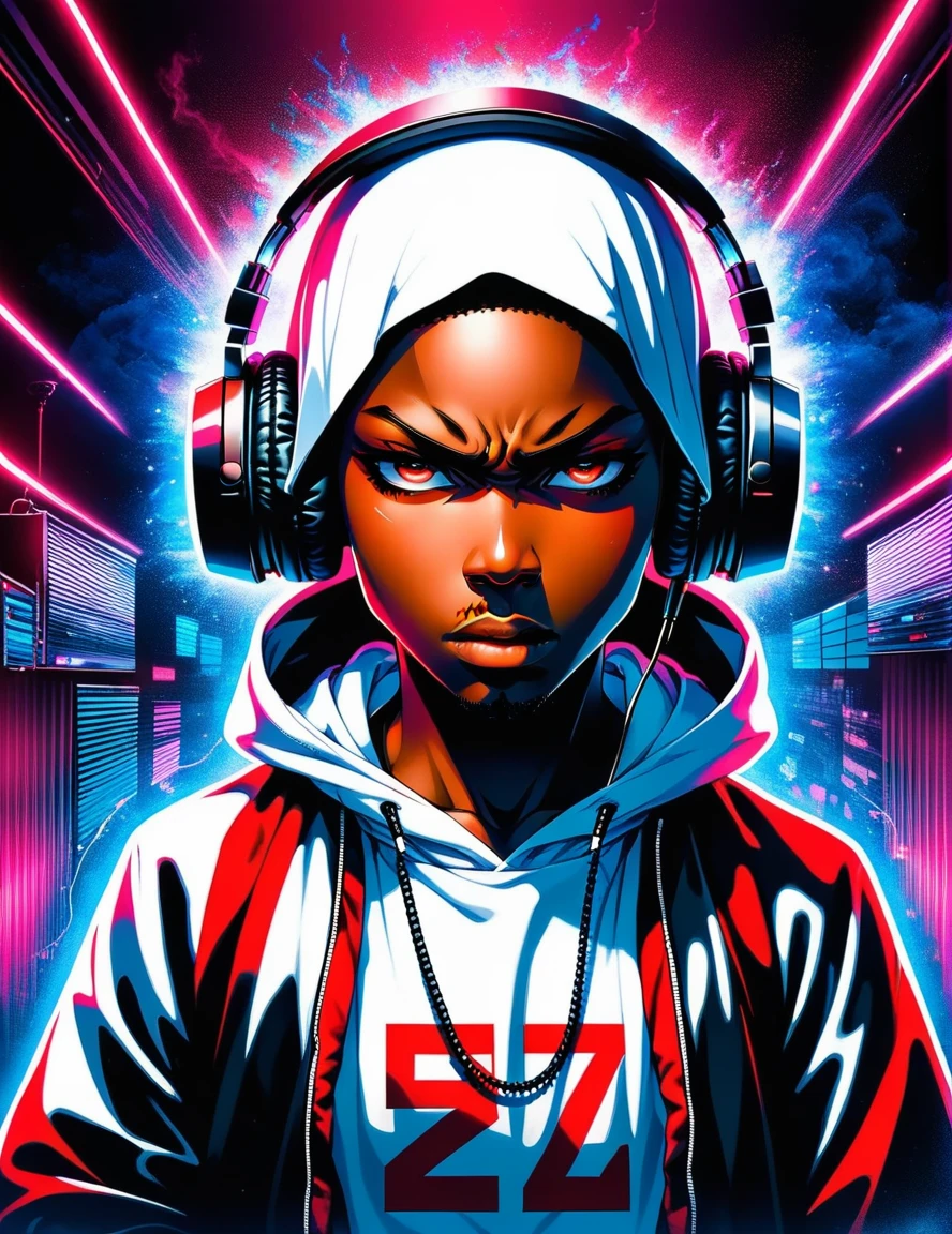 Anime, a black rapper in white hoddy nodding his head in front of a microphone a headphone on his head