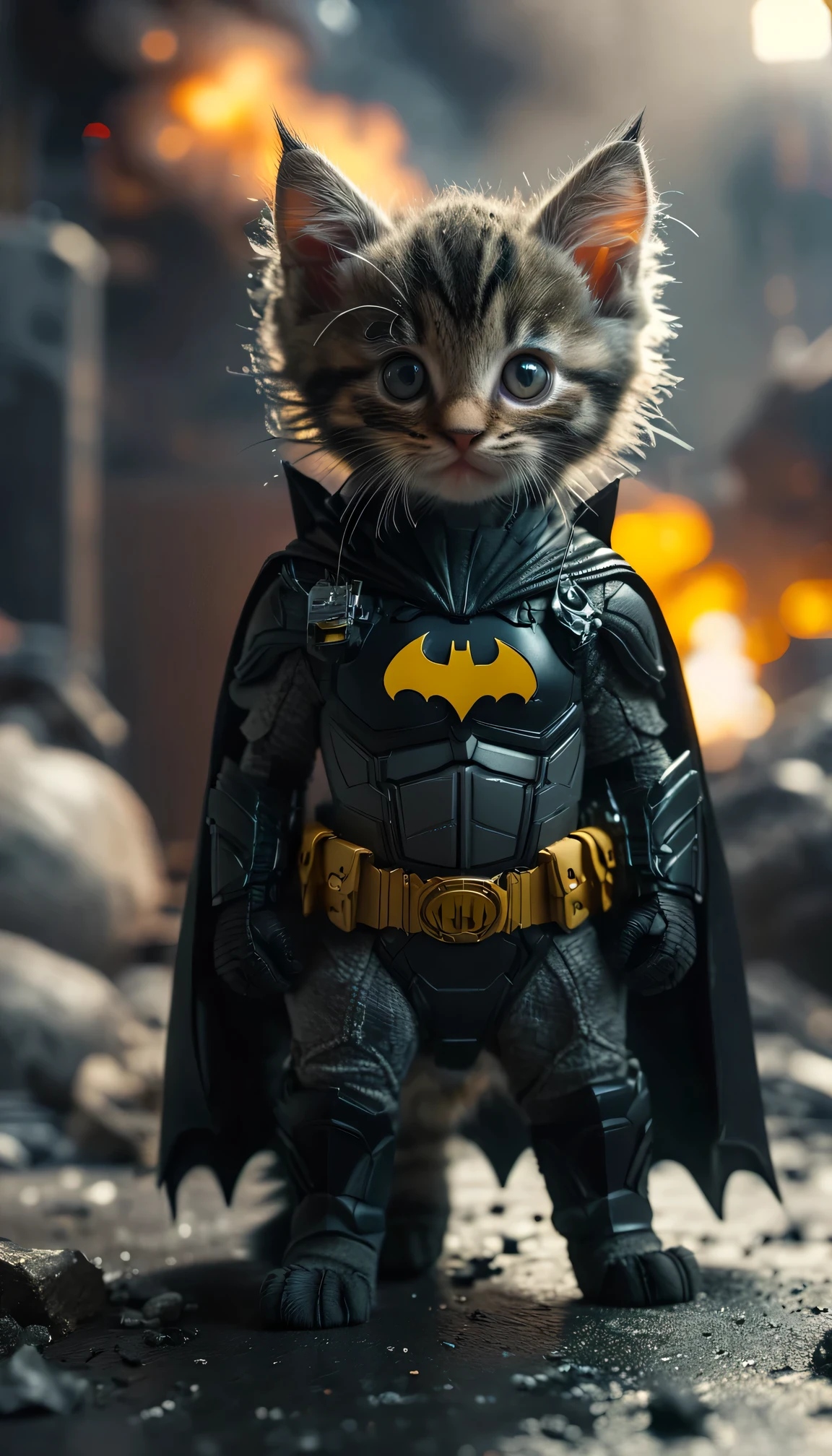 ((masterpiece, Highest quality)), (Extremely detailed 8K), (photoRealistic), Beautiful lighting, Highest quality, Realistic, live-action, Intricate details, Beautiful lighting, RAW Photos, Film Grain, whole body ((A photo of a kitten dressed as Batman)), In a nuclear destruction scenario, バットバイクに乗るIntricate details 