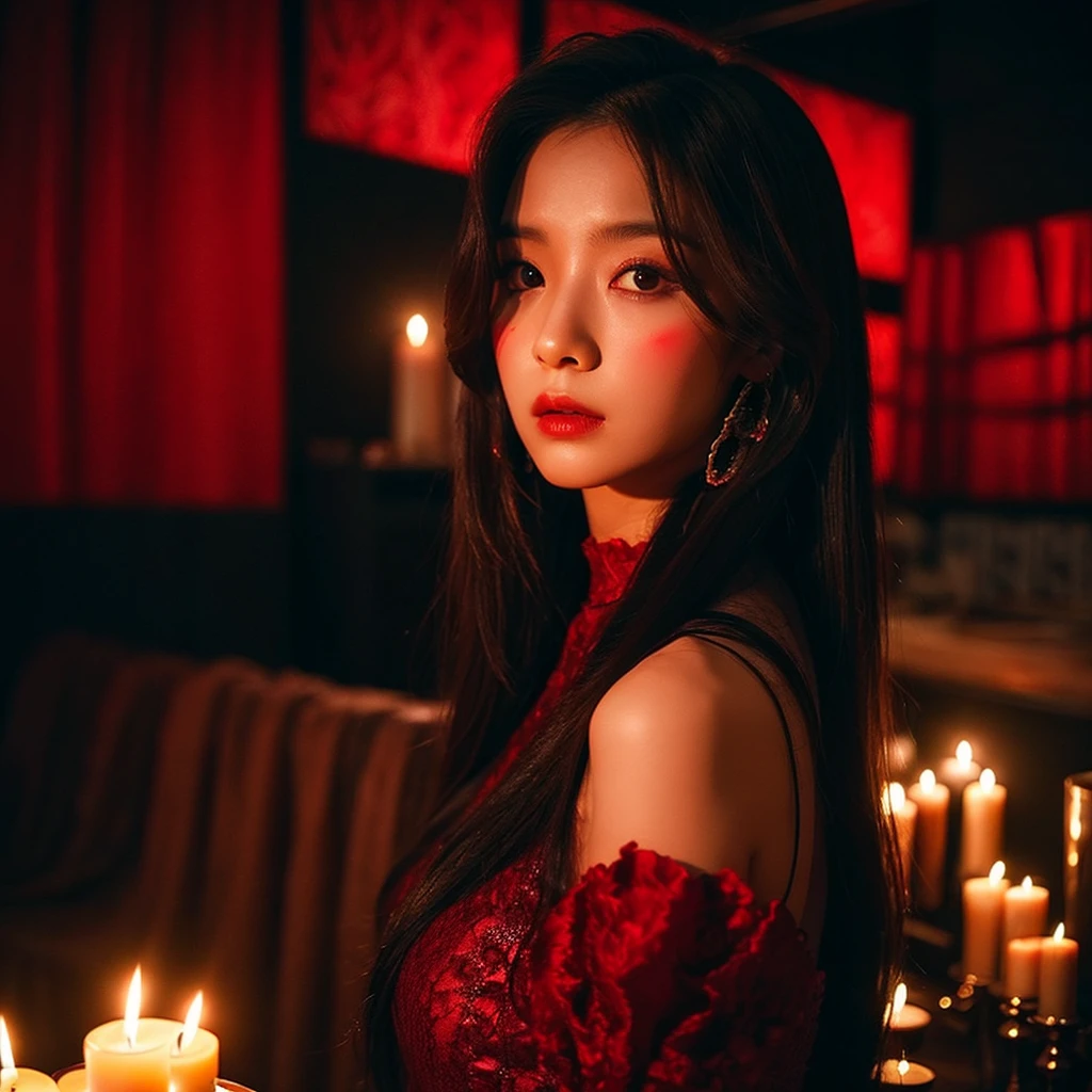 Mysterious Concept - Style: A Korean girl with straight brown hair, she wears a long black and red dress. Her makeup is dark and enigmatic..
- Scenery: a black room lit candles, Around her.
Is a kpop photo concept