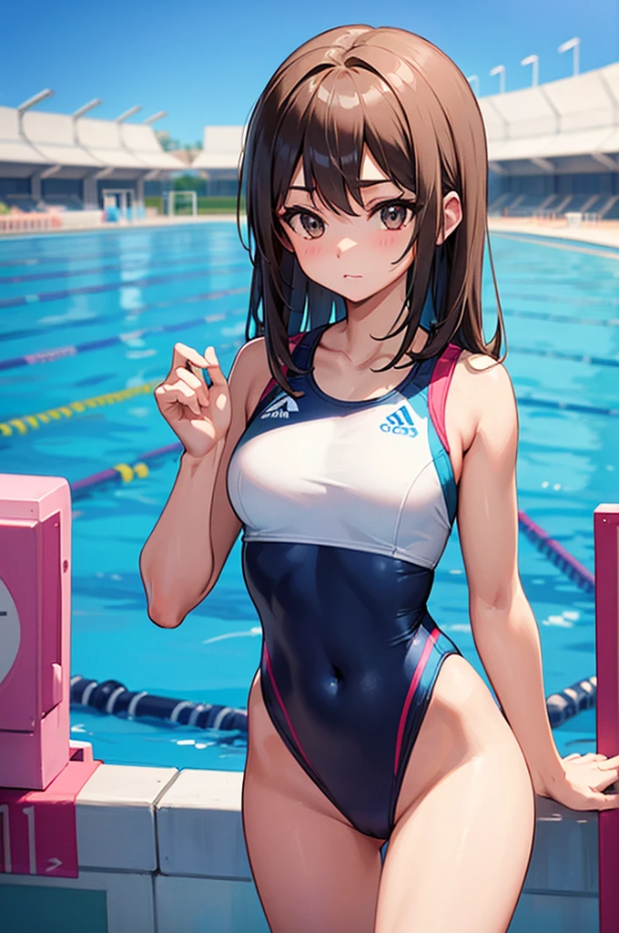 all intricate details: "an athletic girl with a perfect body, cute, symmetrical face, Olympics, Olympic pool, swimming competition, in starting position 1 meter freestyle, wearing the number "1126" in the competition swimsuit, random tv "angle"