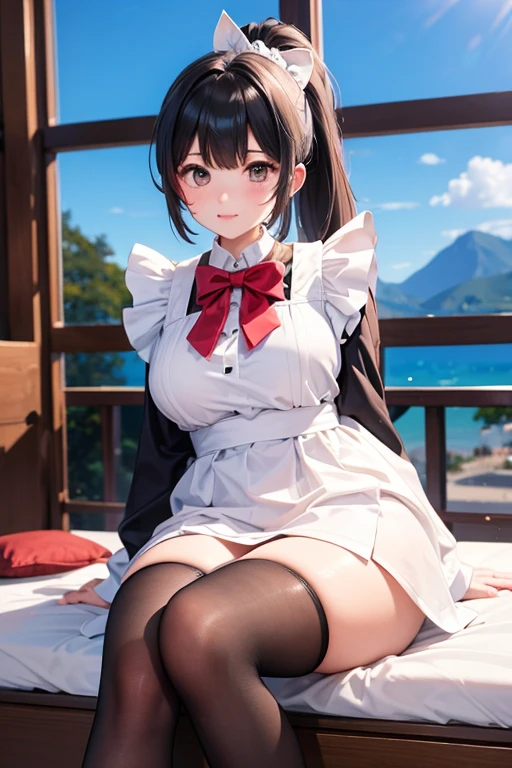 ************、Black Hair、ponytail、Big Breastaid、胸の谷間が協調されたMaid服、Black Stockings、Realistically