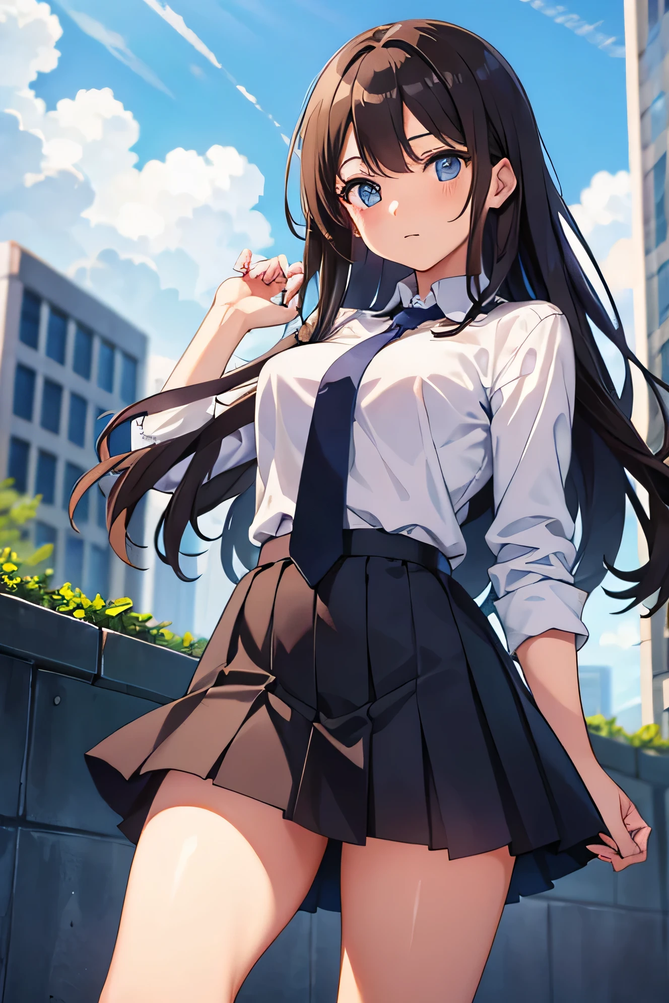Brunette woman wearing a shirt and tie, flipping her hair in a skirt and holding out her hand