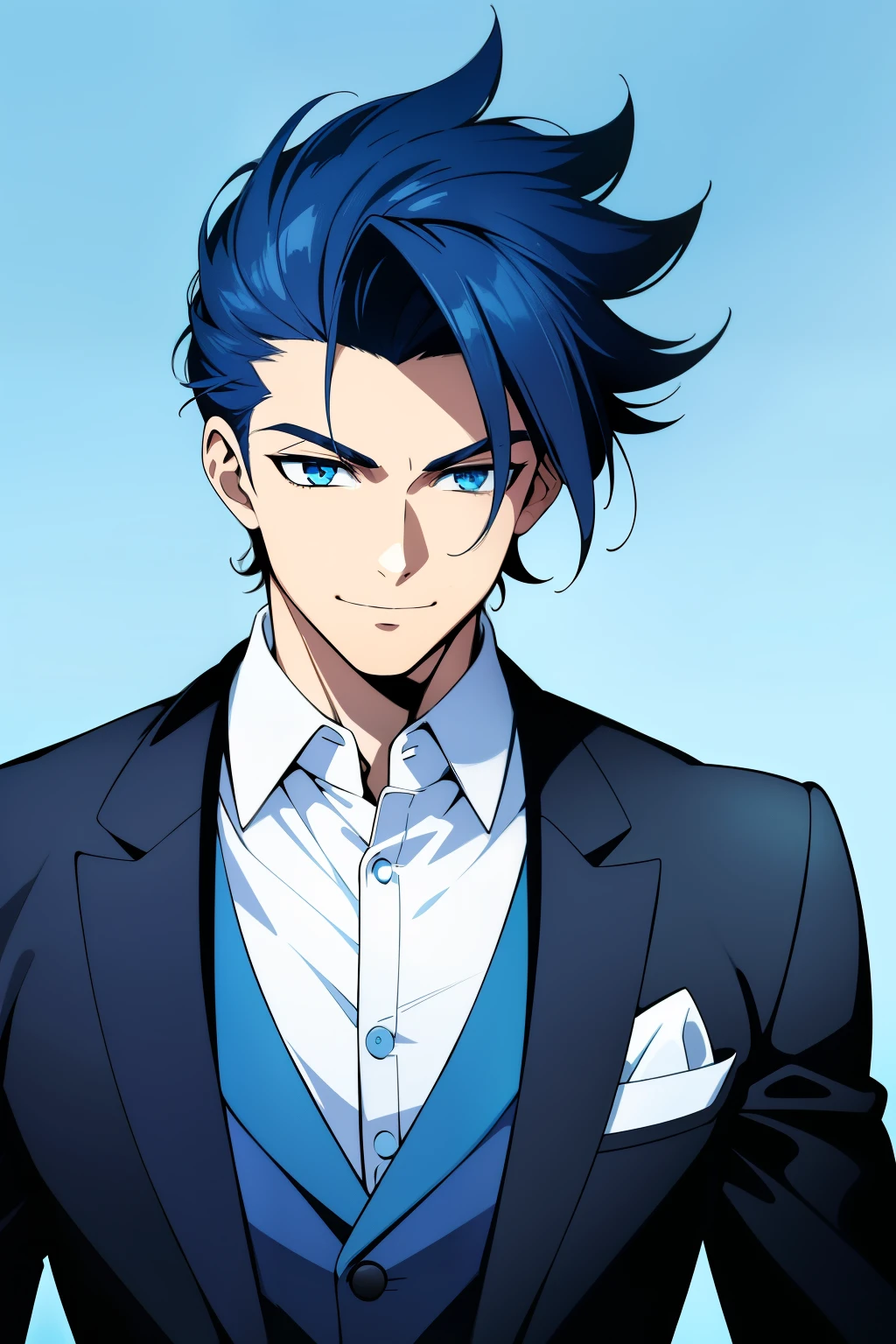 (high-quality, breathtaking), (expressive eyes, perfect face) 1boy, male, solo, dark blue color hair, blue eye color, curly spiky hair, medium hair length, cute face, masculine face, suit, shirt, fully body, happy expression, smile,showman pose