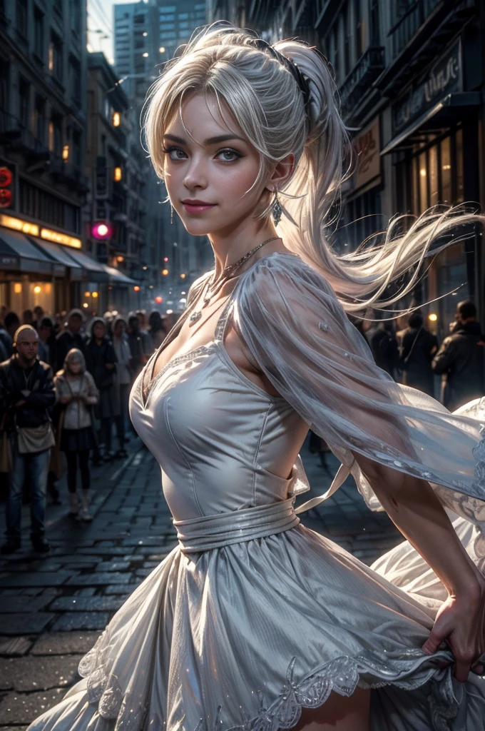 (masterpiece, best quality:1.2), cowboy shot, dynamic pose, weissvale, smile, closed mouth, looking at viewer, white dress, long white hair, side ponytail, scar above eye, scar below eye, jewelry, necklace, earrings, in city street (future_urban, crowd, (volumetric lighting), intricate details, tonemapping, sharp focus, hyper detailed