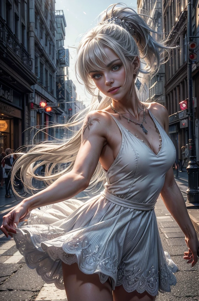 (masterpiece, best quality:1.2), cowboy shot, dynamic pose, weissvale, smile, closed mouth, looking at viewer, white dress, long white hair, side ponytail, scar above eye, scar below eye, jewelry, necklace, earrings, in city street (future_urban, crowd, (volumetric lighting), intricate details, tonemapping, sharp focus, hyper detailed