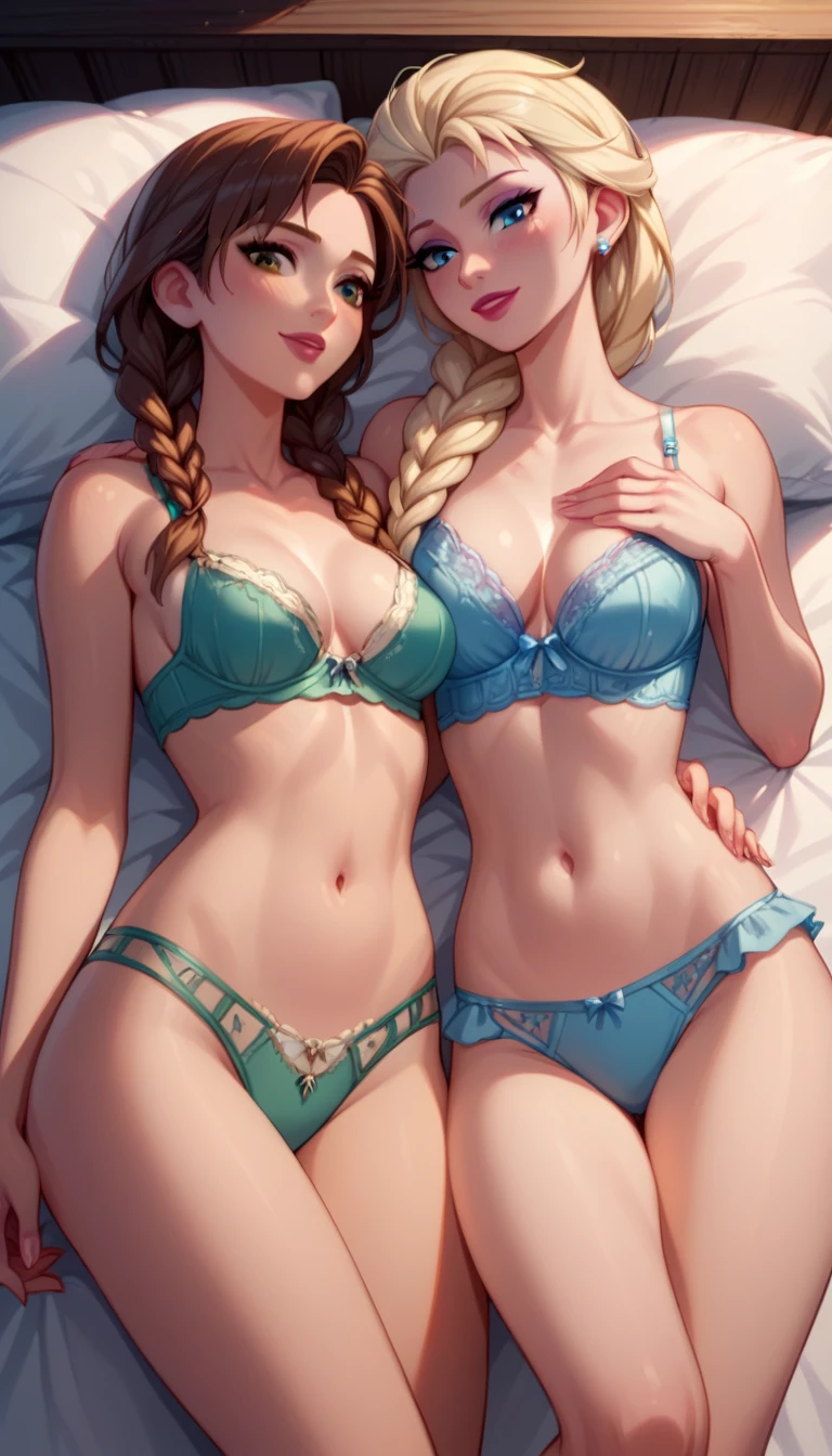 score_9, score_8_up, score_7_up, score_6_up, 2girls, elsa (blonde hair, braid, blue lingerie, navel:1.1) and anna (brown hair, braided pigtails, green lingerie, navel:1.3),, elegant hotel suite, lovers, in love, they are laying on a large luxurious bed, embracing, (cinematic lighting:1.2),, (sunset:1.2).