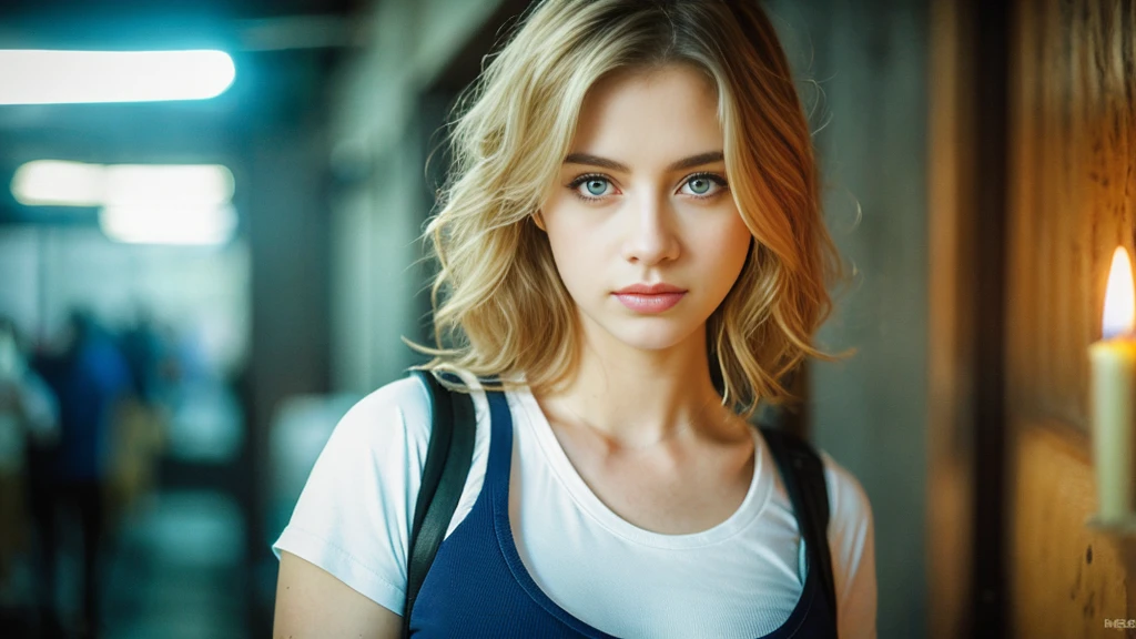tatuados,Beautiful blonde with big breasts in a black T-shirt、Many tattoos on the arms、 (Late night school hallway、walk),Candlelight only,Very detailed, 21 years old, Innocent face, Wavy Hair, blue eyes, High resolution, masterpiece, Highest quality, Intricate details, Very detailed, Clear focus, Delicate skin, practical skin texture, texture, Delicate eyes, Professional, 4K, Sad face,despair、 Shot with Canon, 85mm, Shallow and deep,  Kodak Vision Color, Exactly, Very detailed, photograph_\(Extremist\), photographpractical, practical, Post-processing, Maximum details, Roughness, Real Life, Extremist practical, Photorealism, photographgraphy, 8K Ultra HD, photographgraphy