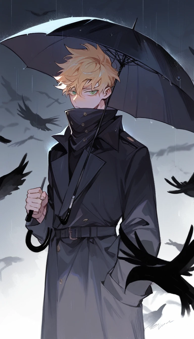 alone, 1 male, wearing dark academia attire, black trench coat, black clothes, dark rainy night, blonde hair, surrounded by crows, holding umbrella, green eyes, good looking, looking at camera