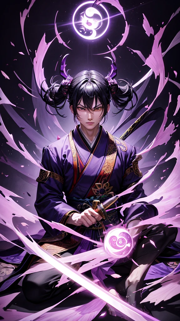 Create a powerful man holding a sword with a purple aura in his left hand, with a ying yang for a face, with a torn kimono, with the right side of the body as if it were a demon, Sitting on a pile of dead ninja bodies.
