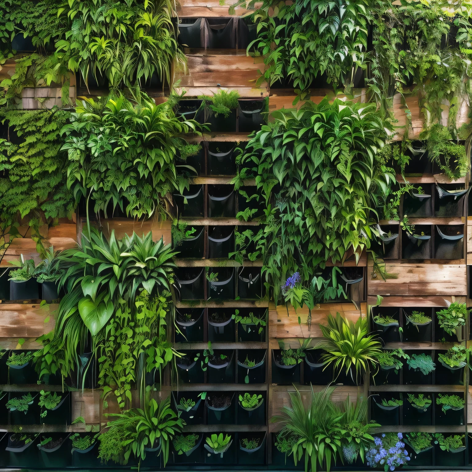 A lush vertical garden with different sizes and shapes that simulates a tropical forest, arranged on a reused wooden panel with a rustic finish. The panel displays textures and marks of time. The spaces are filled with a variety of vibrant plants, including green succulents, colorful flowers like violets and daisies, and fern fronds that create a green cascade creating a sense of depth and wildness. The sunlight falls on the garden, reflecting intense colors, with a light background that highlights the richness of the plants.