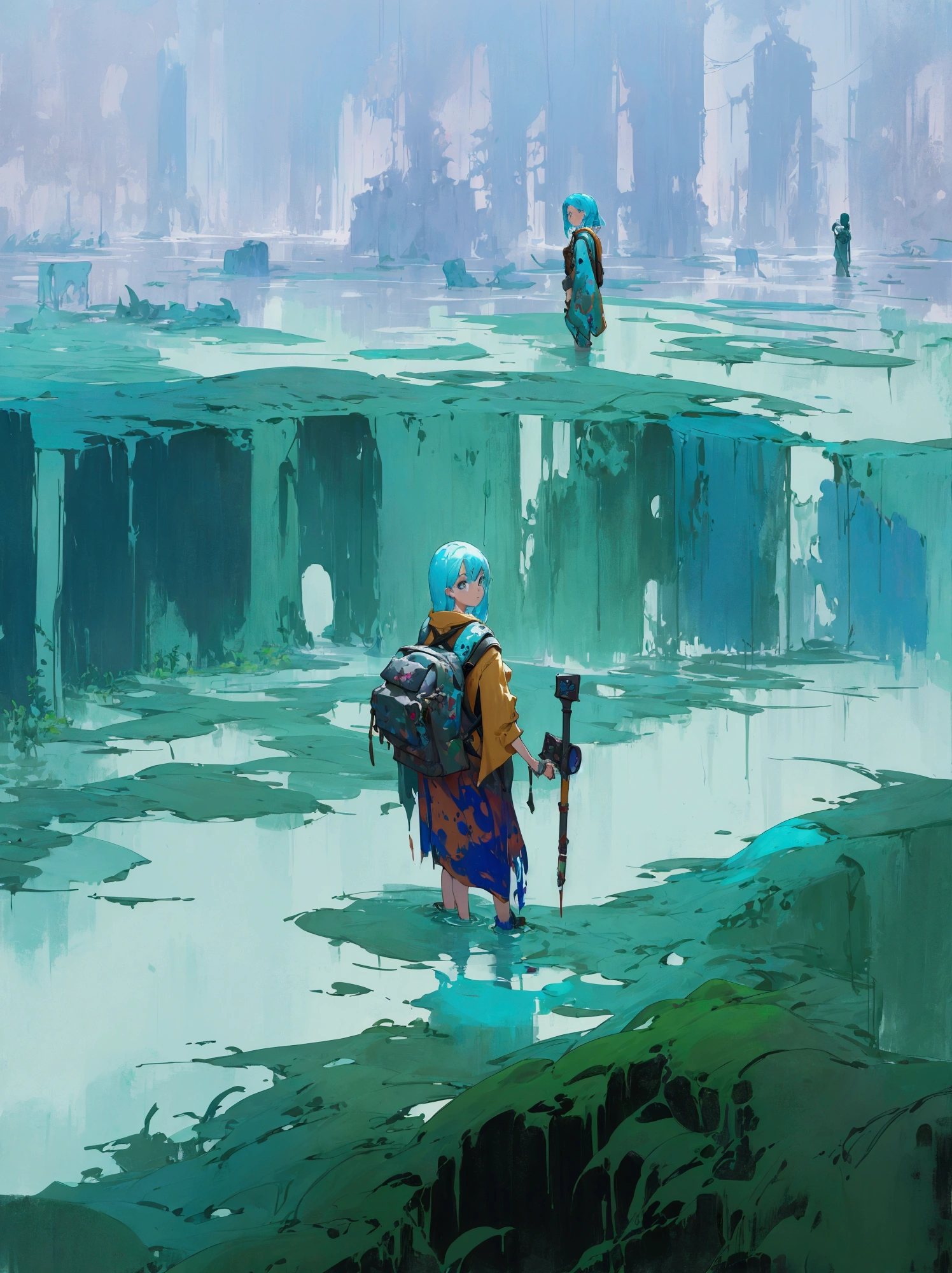 painting of a girl with a backpack and a backpack standing in a flooded maze, indie concept art, indie game concept art, painterly concept art, colorful concept art, 2d concept art, digital painting concept art, painted as a game concept art, illustration concept art, explorers of the ruins at dusk, senior concept artist, digital concept art illustration