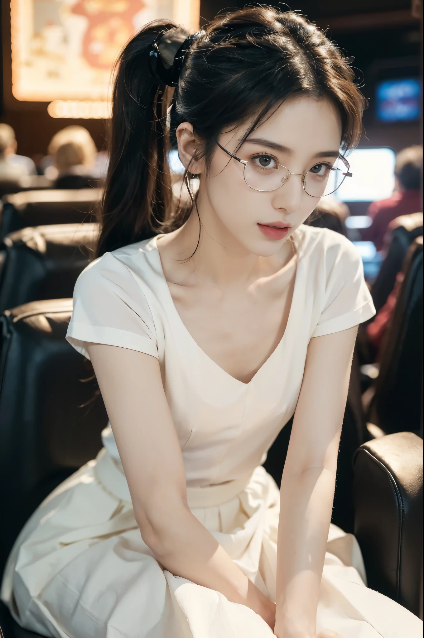 (((best quality))),(((ultra detailed))),(((masterpiece))),illustration,((a beautiful girl,solo)),(short ponytail:1.2),(glasses:1.2),((slim,thin)),((small breasts,flat chest)),(sitting:1.3),(in a movie theater:1.3),((white short-sleeved shirt,white flowing long skirt)),elegant, youthful innocence, radiant skin, focused eyes,(movie screen:1.2), (dimly lit:1.5), plush seating, intricate decorations, freshly popped popcorn, anticipation, peaceful expression, cozy surroundings, summer,(night scene:1.3),(Luxurious decoration:1.3), tranquility, joy,((Future technology sense, cyberpunk style)),((from front,upper body))