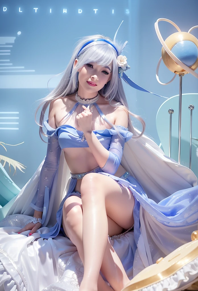 a beautiful woman in a mini blue queen dress, smiling, detailed beautiful eyes, white hair, crown, long eyelashes, blue painted nails, diamond earrings, sensual, makeup, ultra-detailed, 8k, photorealistic, fantasy, cinematic lighting, warm color palette, dramatic, elegant, regal, headband 3 horns, sitting gracefully