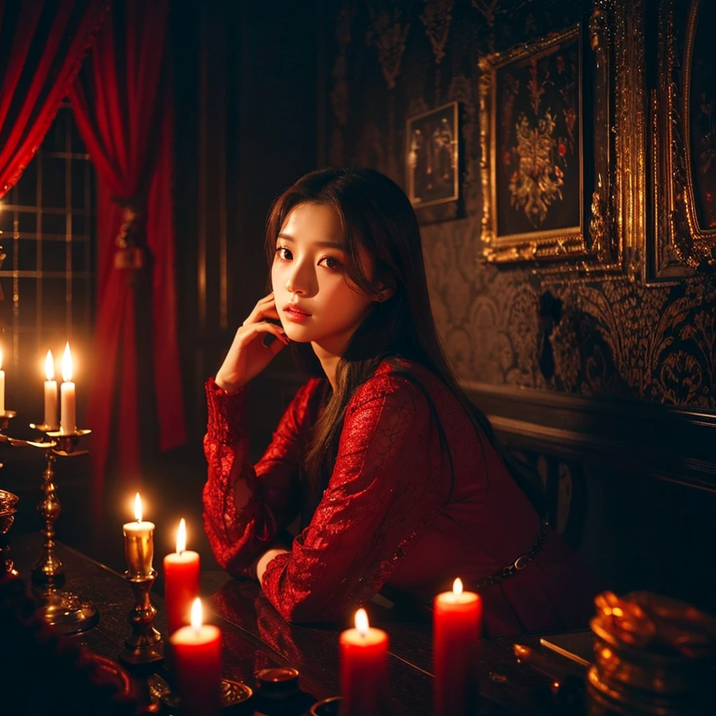  Mysterious Concept - Style: A Korean girl with straight brown hair, she wears a long black and red dress. Her makeup is dark and enigmatic..
     - Scenery: a black room lit candles, Around her.
It is a kpop concept photo with an extravagant and elegant pose