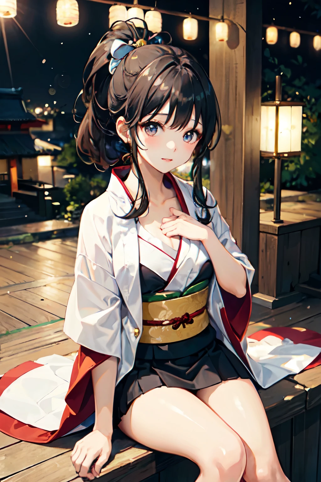 One girl, yukata, (Odd Eye)、ponytail ,Gray Hair, ,magic circle, landscape, firework、night, Particles of light, light, Side light, （Thighs）, Open jacket, Short skirt, barefoot, Fair skin、Sitting posture、（Girl sitting）、((Her chest is exposed)),Japanese sword