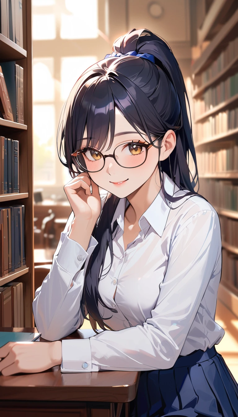 super detail, best quality, 18 yeaes old, a woman, ponytail, Black Hair, Glasses, smile,Navy blue blazer, White shirt, Navy blue long skirt, high school student,Barely,In the library,Blurred background