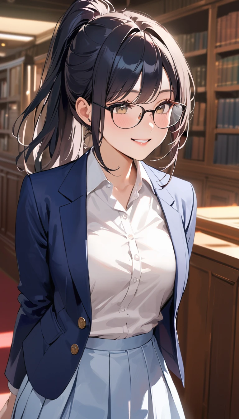 super detail, best quality, 18 yeaes old, a woman, ponytail, Black Hair, Glasses, smile,Navy blue blazer, White shirt, Navy blue long skirt, high school student,Barely,In the library,Blurred background