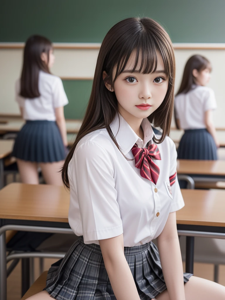 ung girls, extremely detailed CG unified 8k wallpaper, Highly detailed, High-definition raw color photos, Professional Photography, Realistic portrait, Cinematic Light, Bangs, (hi-school uniform, pleated mini skirt:1.3), School, classroom,