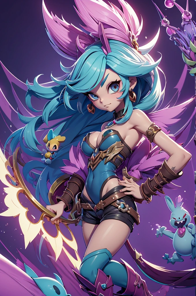 arvore estilo rayman legends, character estilo art rayman legends, girl and boy, corpo inteiro, ESTILO VIKING, acessórios gigantes,giant monster, big breats,Little bunny, (shorts),big breast