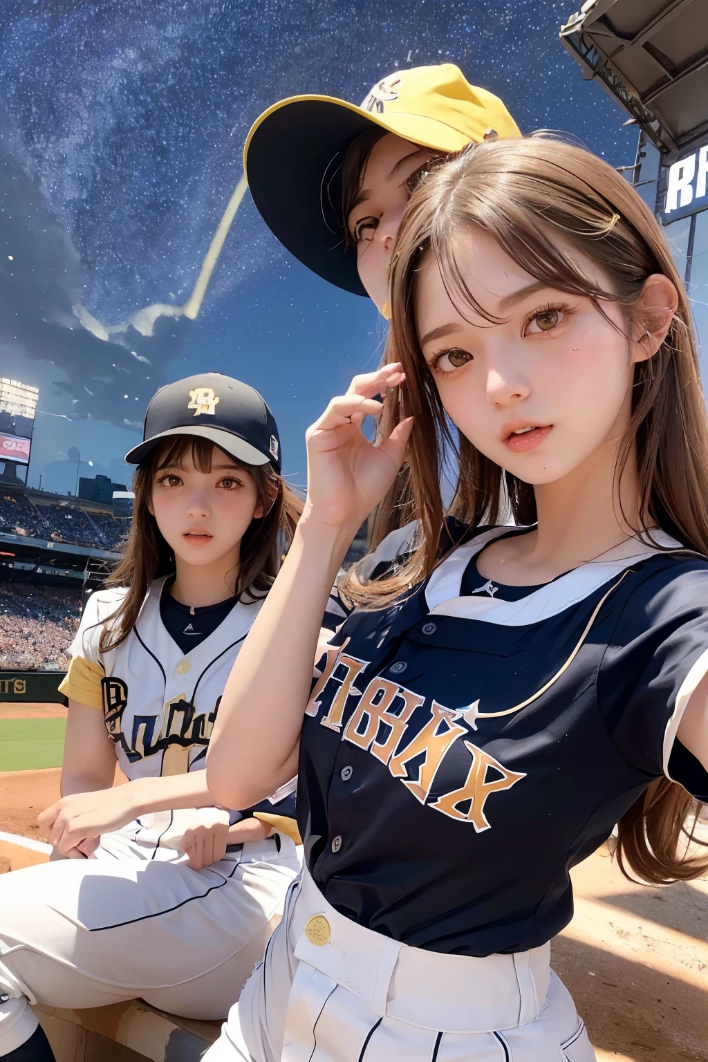 Three Girls, Long Hair, High resolution, Blushing, (Playing Baseball:1.5), (MLB:1.4), Open your mouth, (Cat ears:1.3), Pink eyes, (Baseball uniform:1.3), (Yellow helmet:1.3),
(Starry Sky:1.6),Masterpiece, (From below:1.4)
