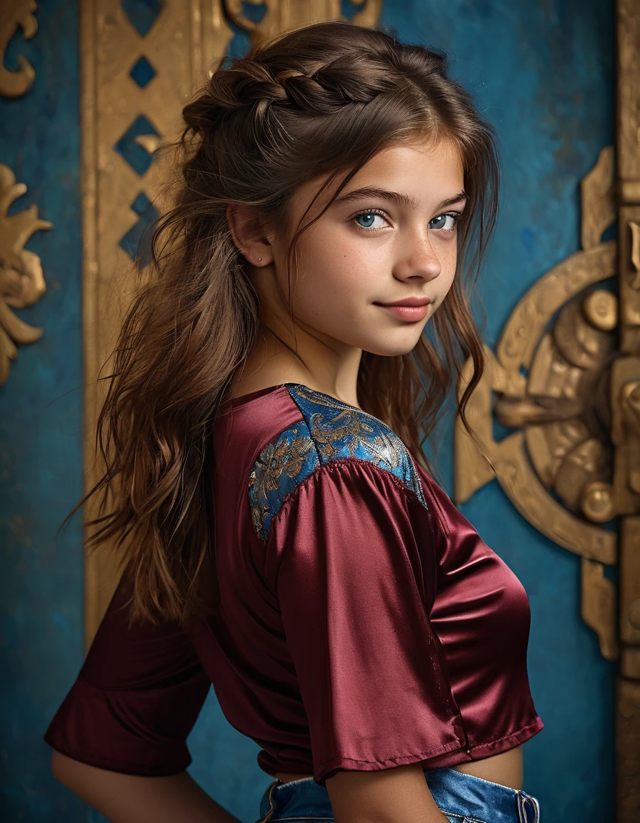 Hasselblad photo Award Winner, studio quality, a bulgarian girl , smirk, full lips, delicate v shape face, rich burgundy half-up half-down hairstyle , buff skin texture, blue expressive eyes, sideview, metallic top and bell-sleeve shorts , intricate background, Sublime Impressionistic