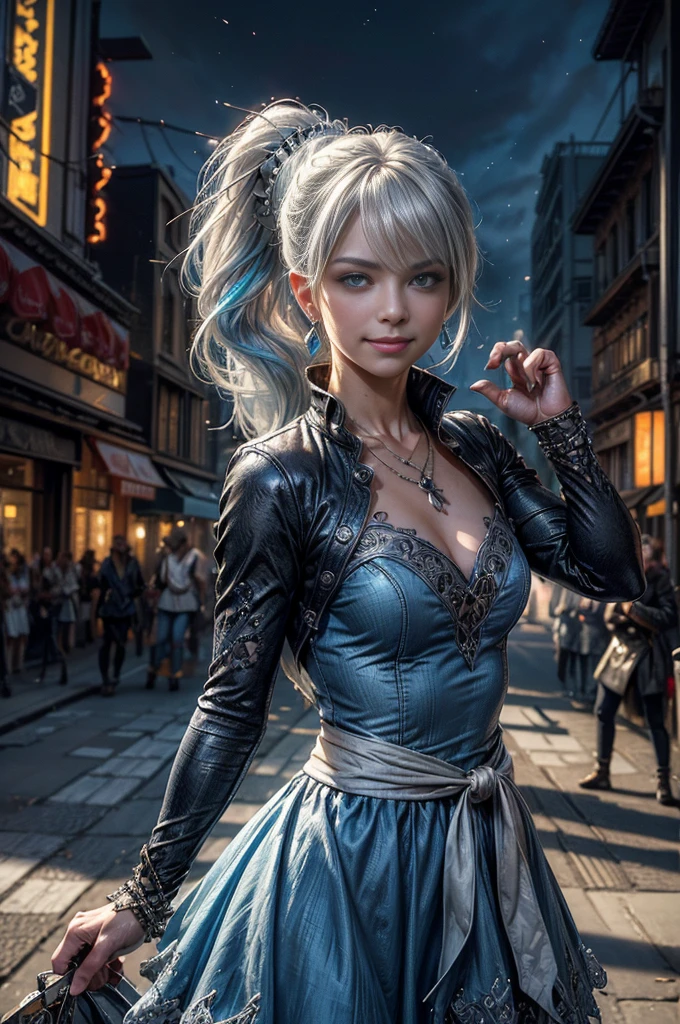 (masterpiece, best quality:1.2), cowboy shot, dynamic pose, weissvale, smile, closed mouth, looking at viewer, blue dress, long white hair, side ponytail, scar above eye, scar below eye, jewelry, necklace, earrings, in city street (future_urban, crowd, (volumetric lighting), intricate details, tonemapping, sharp focus, hyper detailed 