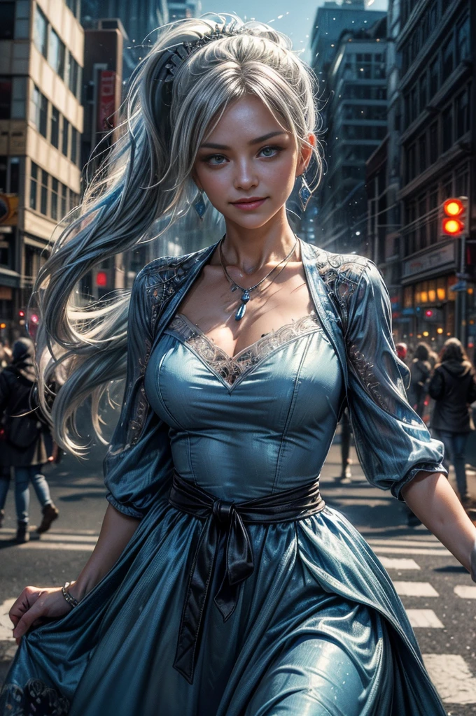 (masterpiece, best quality:1.2), cowboy shot, dynamic pose, weissvale, smile, closed mouth, looking at viewer, blue dress, long white hair, side ponytail, scar above eye, scar below eye, jewelry, necklace, earrings, in city street (future_urban, crowd, (volumetric lighting), intricate details, tonemapping, sharp focus, hyper detailed