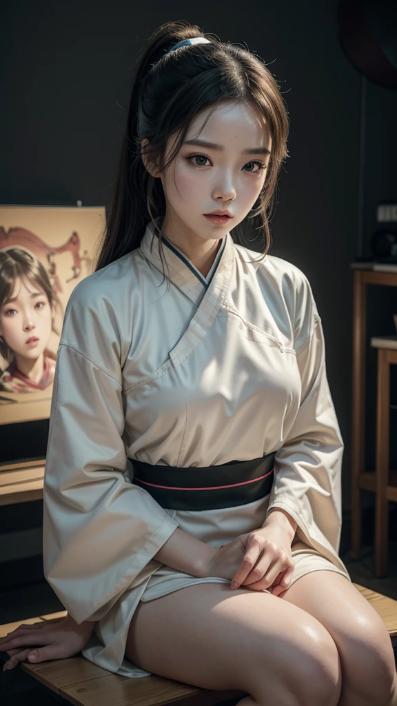 best qualityer, work of art, cinematic lighting, intrikate, simple background, face detailed, whole body, (Contour:1.2), (popart:1.3), arte linear, , , 1 girl, sitting down, Hanfu, skistyle,, ,  