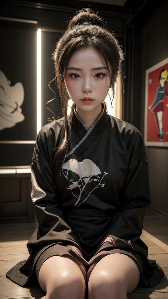 best qualityer, work of art, cinematic lighting, intrikate, simple background, face detailed, whole body, (Contour:1.2), (popart:1.3), arte linear, , , 1 girl, sitting down, Hanfu, skistyle,, ,